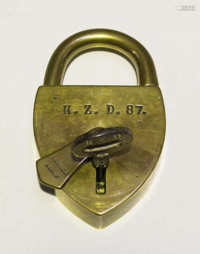 A late 19th century German brass padlock, detailed 'K.Z.D. 87' and bearing maker's mark 'Hauschild