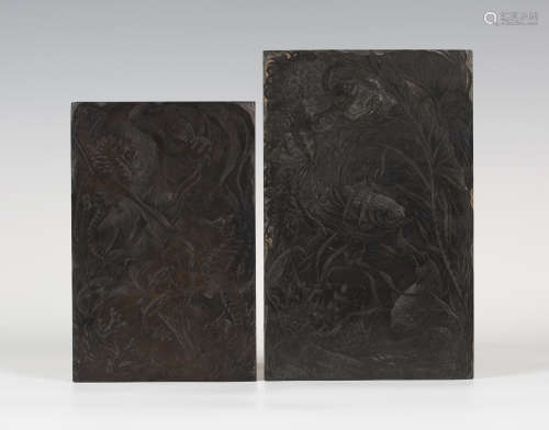 Phyllis Dawson - a finely engraved woodcut printing block depicting two seahorses and fish