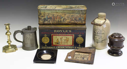 A small group of collectors' items, including a 19th century pewter lidded 'Mudge' inhaler, a