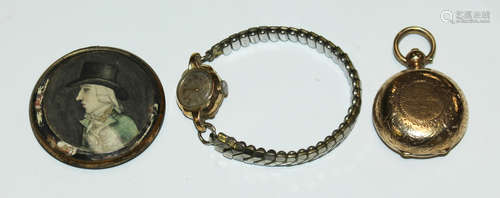 A Victorian gold plated sovereign case with engraved decoration, a circular portrait miniature of