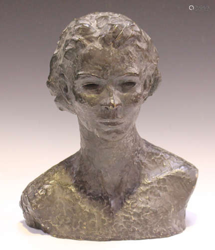 An early 20th century bronzed plaster head and shoulders portrait bust of a young lady, height 36cm,