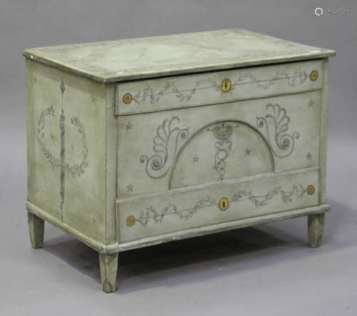 A 19th century Swedish pale green painted pine chest, the hinged lid above a shaped front, all