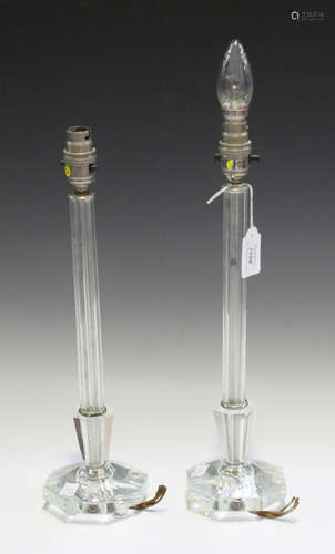 A pair of mid-20th century cut glass table lamps, each column stem above an hexagonal foot