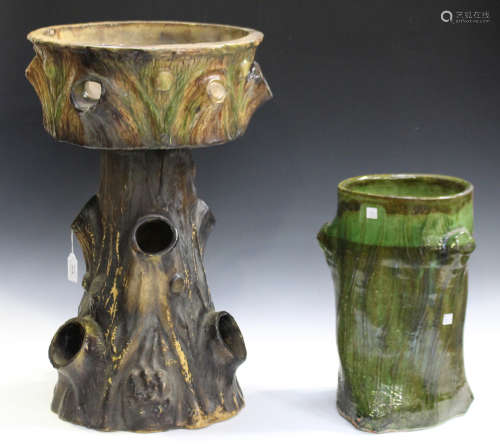 A mid-20th century glazed earthenware two-section planter of naturalistic tree stump form, height