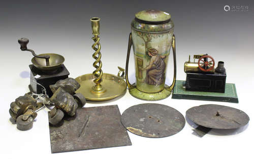 A group of mixed collectors' items and metalware, including two 19th century patinated brass sundial