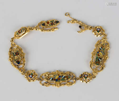 A gold and enamelled bracelet, probably Swiss, mid-19th century, the varicoloured enamelled links