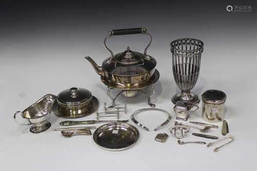 A group of silver and plated items, including a George V tapering cylindrical vase with pierced