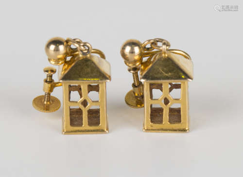 A pair of 9ct gold pendant earrings, each drop designed as a lantern, with screw fittings, length