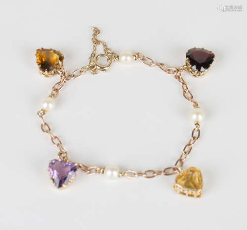 A gold, gemstone and cultured pearl bracelet, the oval link chain fitted with four heart shaped