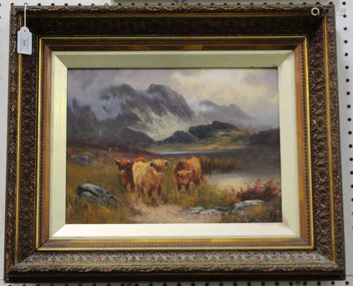 Arthur Gruham - Highland Cattle near a Loch, a pair of late 19th/early 20th century oils on