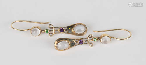 A pair of gold, demantoid garnet, amethyst and moonstone pendant earrings, detailed '15ct', with