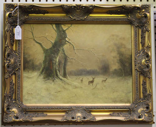 Nils Hans Christiansen - Winter Landscape with Deer, early 20th century oil on board, signed