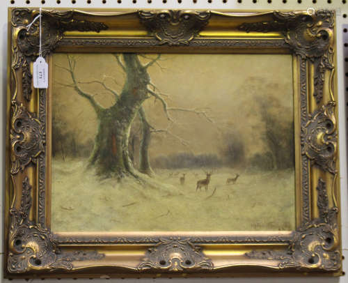 Nils Hans Christiansen - Winter Landscape with Deer, early 20th century oil on board, signed