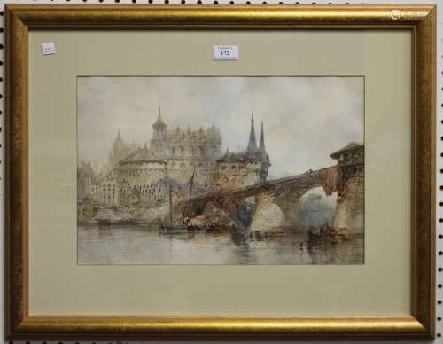 Paul Marny - Castle on the Rhine, Germany, 19th century watercolour, signed, 28.5cm x 43.5cm, within