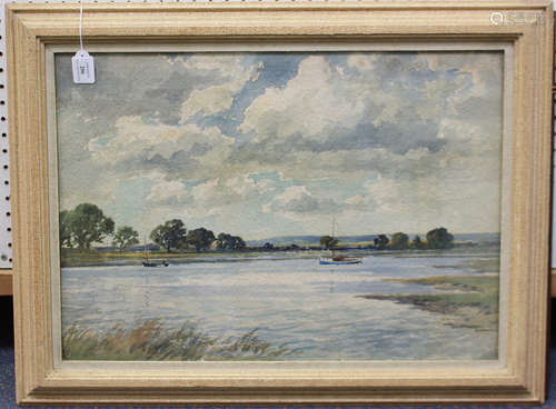 Edwin Harris - 'At Dell Quay, Chichester', watercolour, signed and dated 1953 recto, titled National