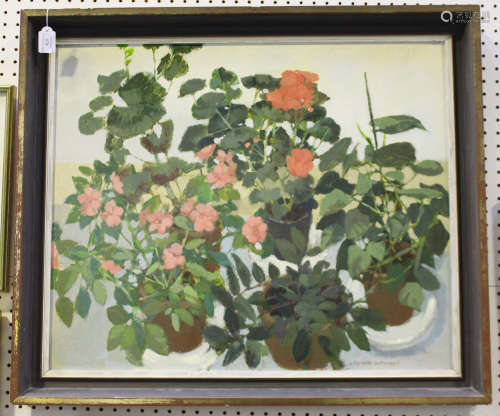 Norman Battershill - Still Life with Plants and Flowers, 20th century oil on board, signed, 62cm x