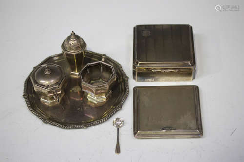 A George V silver three-piece condiment set of octagonal form, comprising salt, pepper and