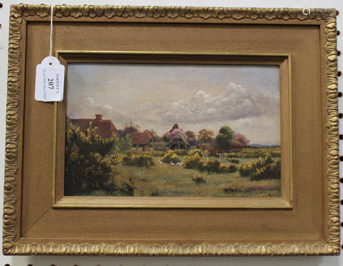 W.C., British School - Study of a Meadow with Gorse and Geese, Farm Buildings beyond, oil on canvas,