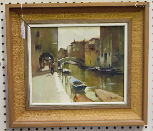 Matt Bruce - Venetian Canal Scene, 20th century oil on board, signed, 24cm x 29cm, within a