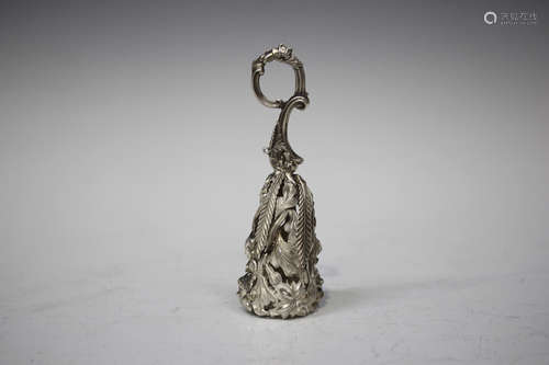 A late 19th century plated posy holder, pierced and embossed with foliage, with a scroll handle,