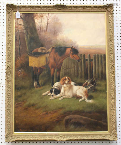 Robert Cleminson - Spaniels resting near a Pheasant and Horse, late 19th/early 20th century oil on