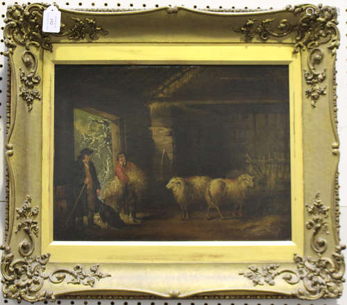 After George Morland - Interior of a Barn with Sheep and Figures, 19th century oil on board, bears