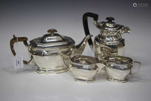 A George VI silver three-piece tea set of octagonal form, comprising teapot, two-handled sugar