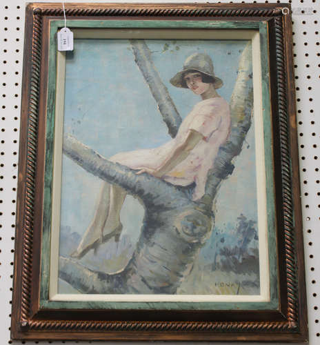 Henry - Lady wearing a Sun Hat sitting in a Tree, 20th century oil on canvas-board, signed, 53cm x