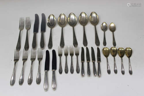 A German .800 silver part canteen of cutlery with beaded decoration, including five tablespoons,