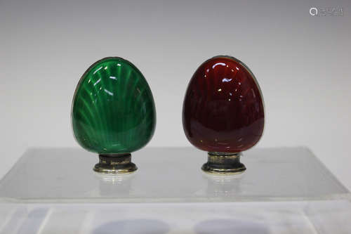 A pair of Norwegian silver and enamel salt and pepper casters, each of heart shaped form,