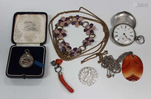 A group of silver and base metal enamelled fob medals and badges, including rifle shooting, football