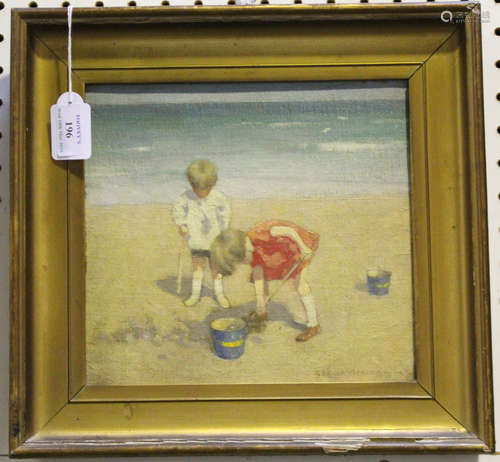 Gerald Wakeman - 'Excavations' (Two Children playing on a Beach), oil on canvas-board, signed recto,