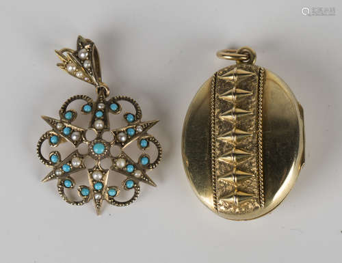 A 9ct gold, turquoise and seed pearl pendant of star and scroll form, Birmingham 1910 by Edwin