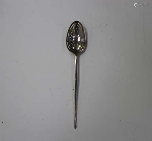 A mid-18th century silver mote spoon, the tapering handle with pyramid terminal, the bowl pierced