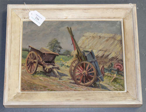 Phyllis Nelson - Landscape with Hay Carts, 20th century oil on board, signed, 22cm x 29.5cm,