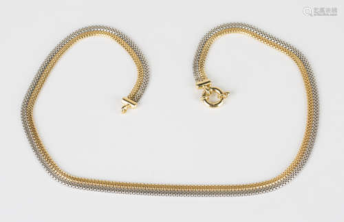 A two colour gold necklace in a multiple link twin row design, on a boltring clasp, detailed '