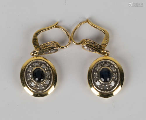 A pair of gold, sapphire and diamond pendant earrings, each oval drop mounted with an oval cut