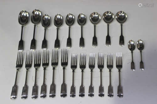 A George V part canteen of silver Fiddle and Thread pattern cutlery, comprising two tablespoons, six