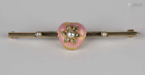 A gold, pink enamelled, rose cut diamond and half-pearl set bar brooch with a heart shaped motif,