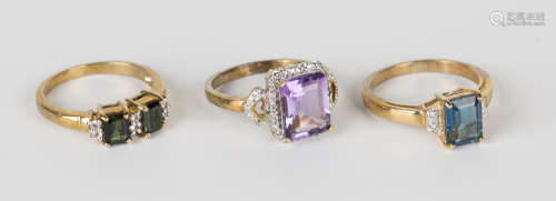 A 9ct gold, rectangular cut amethyst and diamond ring, ring size approx N, and two further 9ct