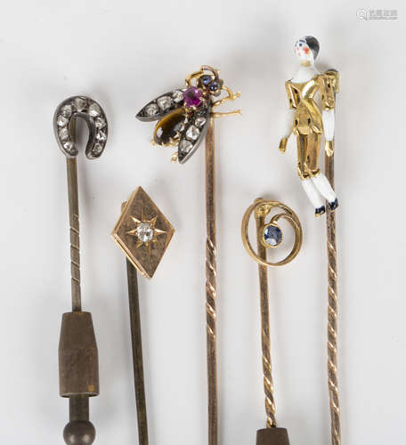 A Victorian rose cut diamond, tiger's eye and gem set stickpin, designed as a winged insect,