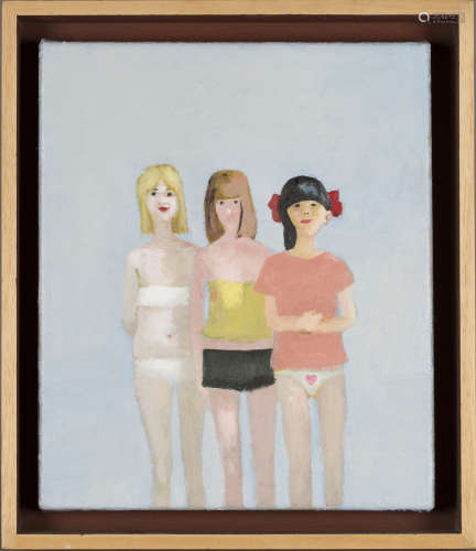 Charles Williams - 'Three Girls', oil on canvas, signed, titled and dated 2010 verso, 30cm x 25cm,
