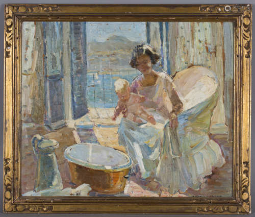 Dorothea Sharp - 'The Bath' (Lady and Child seated near an Open Window), oil on board, signed recto,