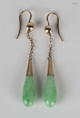 A pair of gold mounted jade drop shaped pendant earrings with hook fittings, length 5.2cm.Buyer’s