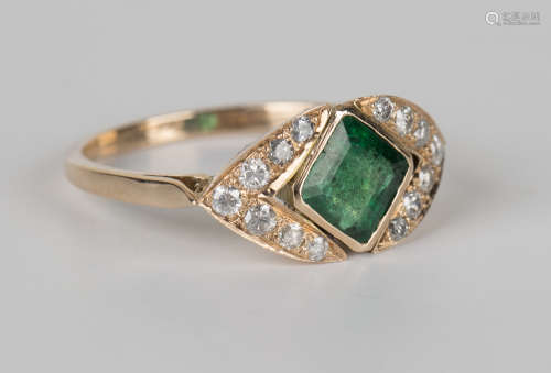 A gold, emerald and diamond ring, mounted with a square step cut emerald between circular cut
