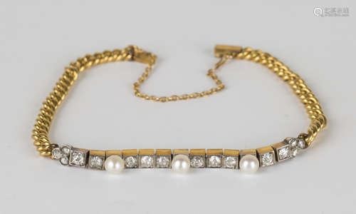 A French gold, diamond and cultured pearl curblink bracelet, the front mounted with a row of