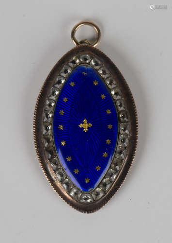 A gold, blue enamelled and chrysolite marquise shaped pendant, as converted from an early 19th