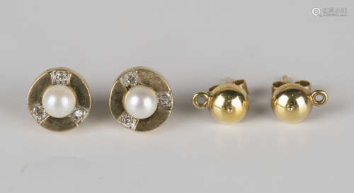 A pair of 9ct gold, cultured pearl and diamond earstuds, each mounted with a cultured pearl within a