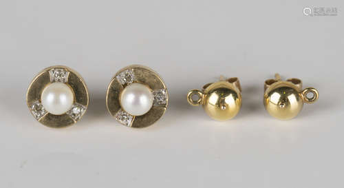 A pair of 9ct gold, cultured pearl and diamond earstuds, each mounted with a cultured pearl within a