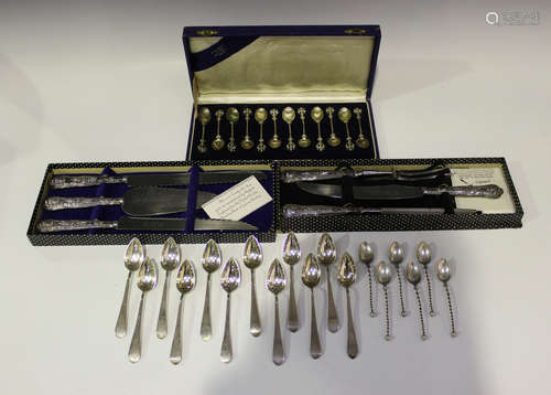 A collection of silver and plated cutlery, including an Elizabeth II silver handled King's pattern